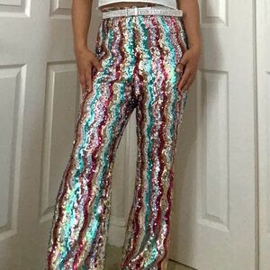 Free People Pink and Blue Wide Leg Jumpsuit with Flowing Fit